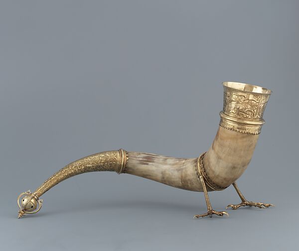 Drinking Horn (the Tecklenburg Greifenklaue), Buffalo horn, silver (cast, chased, engraved and gilded), German 