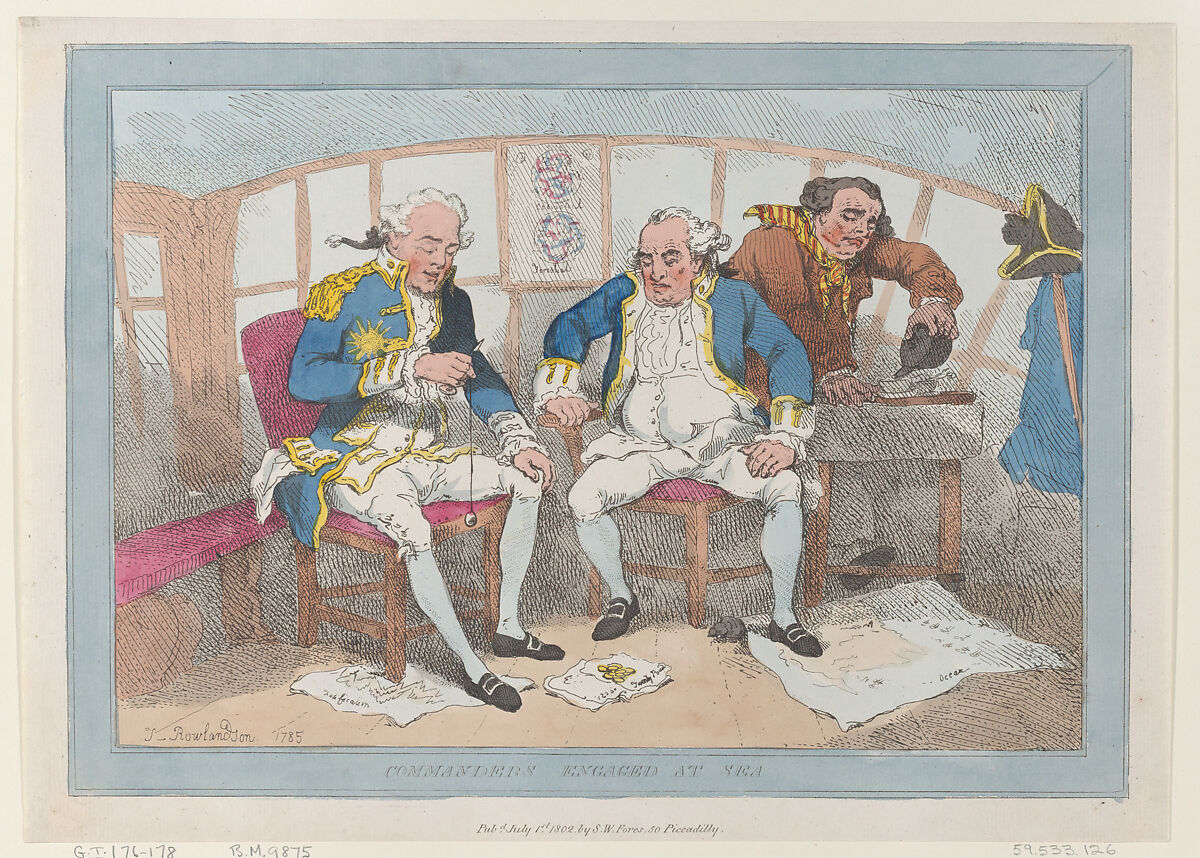 Commanders Engaged at Sea, Thomas Rowlandson (British, London 1757–1827 London), Hand-colored etching 