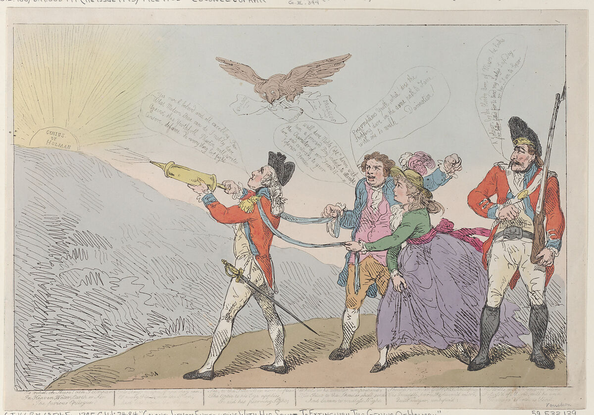 Col. Topham Endeavoring with his Squirt to Extinguish the Genius of Holman, Thomas Rowlandson (British, London 1757–1827 London), Hand-colored etching 