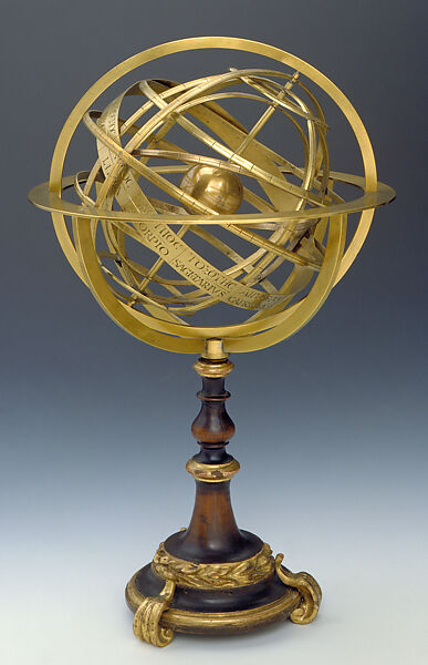 Armillary Sphere, Brass (gilded), walnut wood, beechwood (stained), probably Italian 