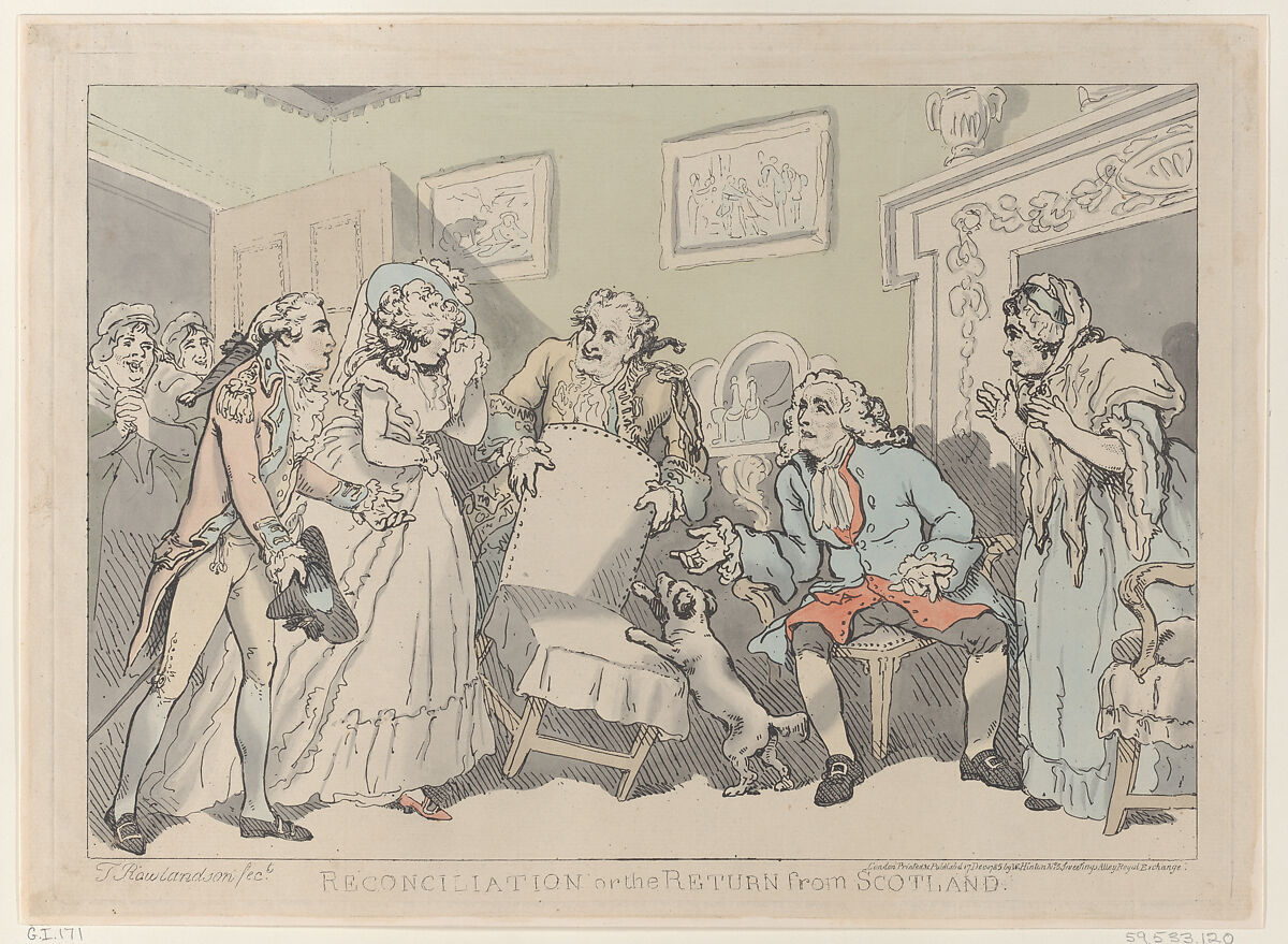 Reconciliation, or the Return from Scotland, Thomas Rowlandson (British, London 1757–1827 London), Hand-colored etching 