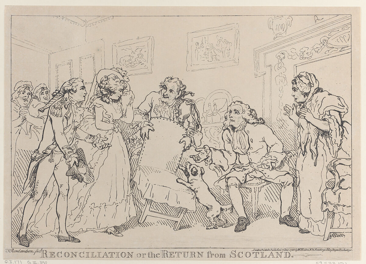Reconciliation, or the Return from Scotland, Thomas Rowlandson (British, London 1757–1827 London), Etching 