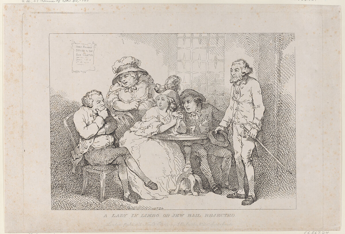 A Lady in Limbo, or Jew Bail Rejected, Thomas Rowlandson (British, London 1757–1827 London), Etching and stipple 