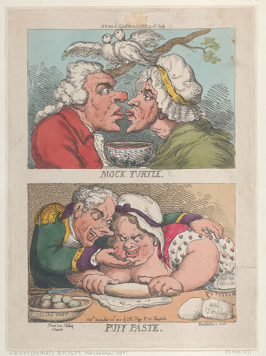 Mock Turtle; Puff Paste, Thomas Rowlandson (British, London 1757–1827 London), Hand-colored etching 