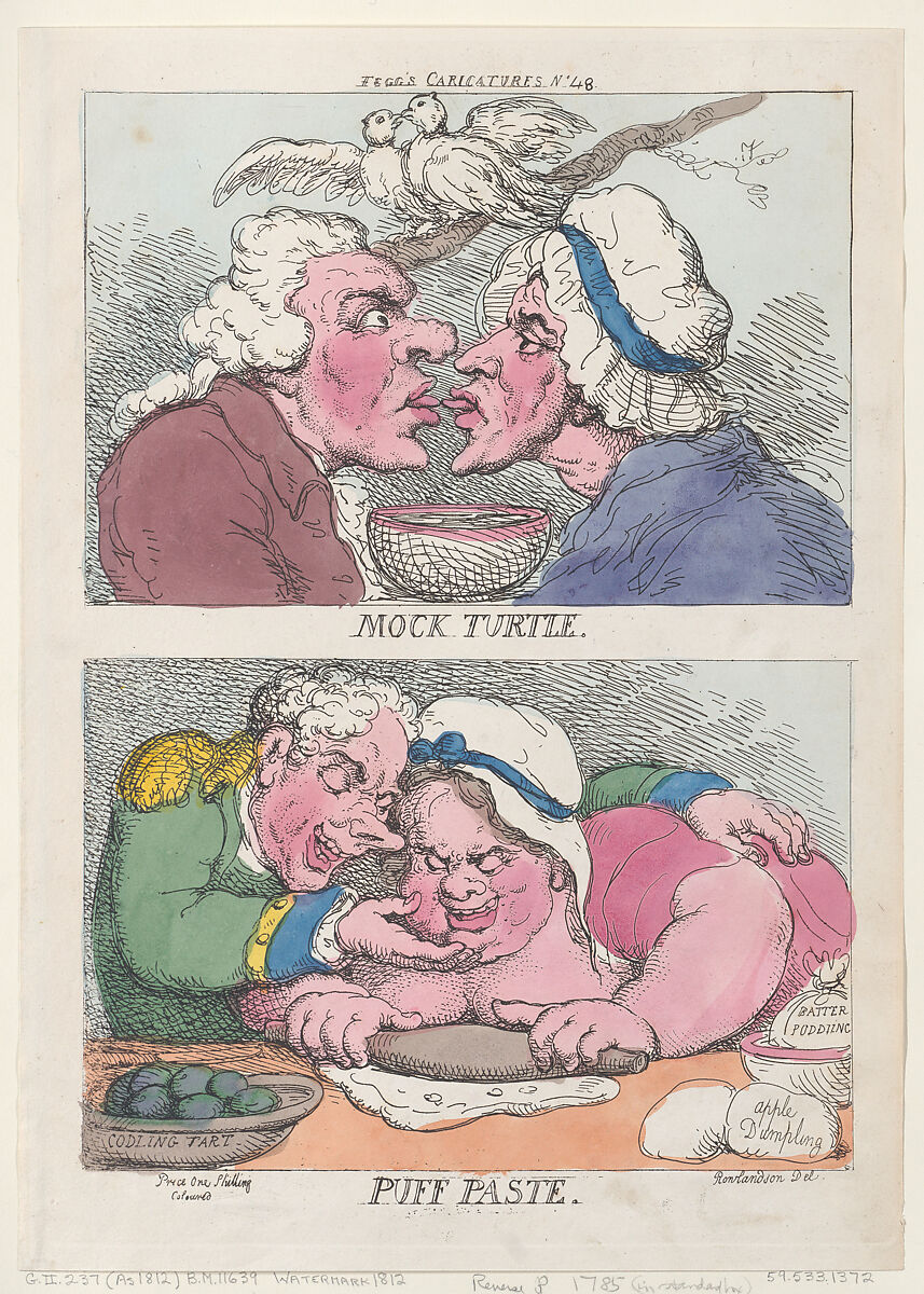 Mock Turtle; Puff Paste, Thomas Rowlandson (British, London 1757–1827 London), Hand-colored etching 