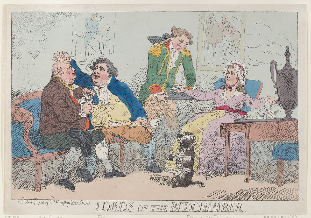 Lords of the Bedchamber, Thomas Rowlandson (British, London 1757–1827 London), Hand-colored etching 