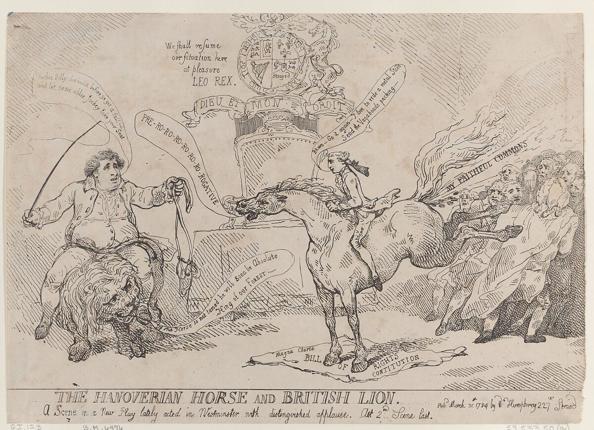The Hanoverian Horse and British Lion, Thomas Rowlandson (British, London 1757–1827 London), Etching 