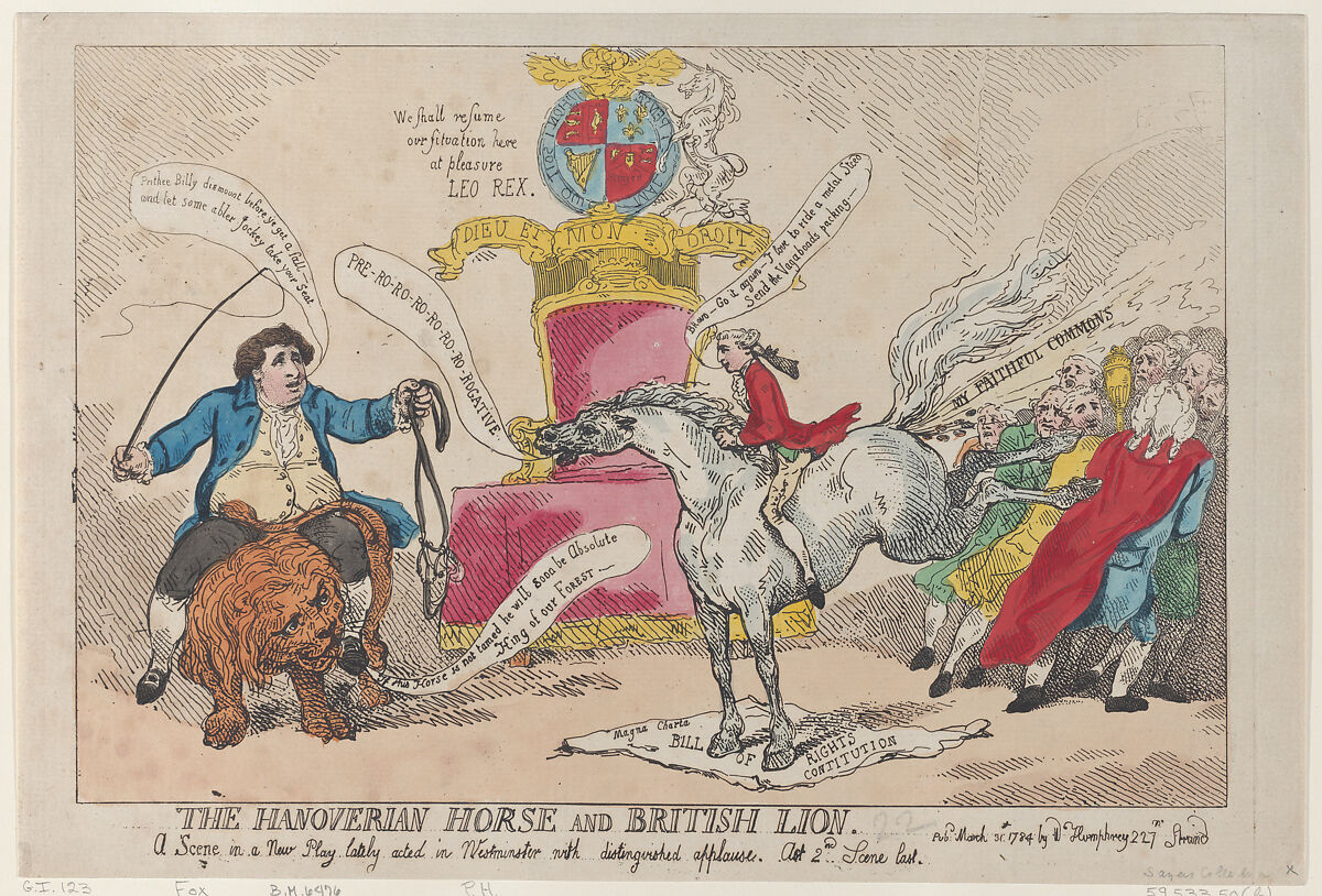 The Hanoverian Horse and British Lion, Thomas Rowlandson (British, London 1757–1827 London), Hand-colored etching 