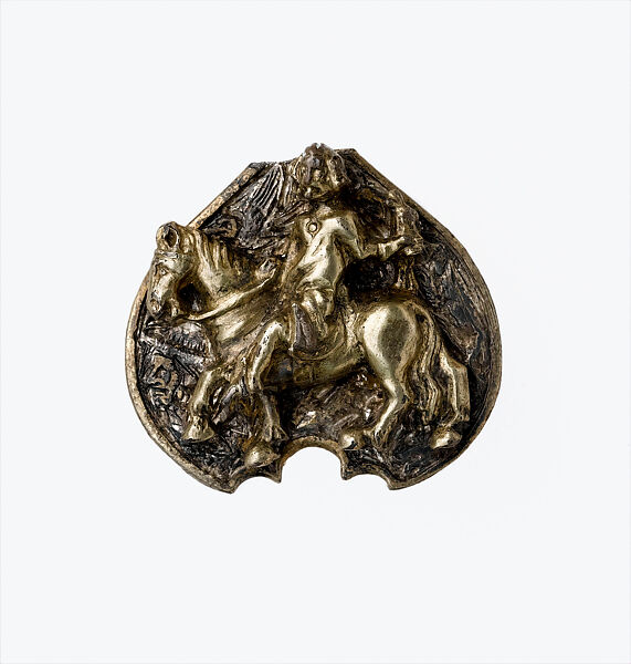 Fastener with Falconer on Horseback, from the Colmar Treasure, Gilded silver, traces of enamel 