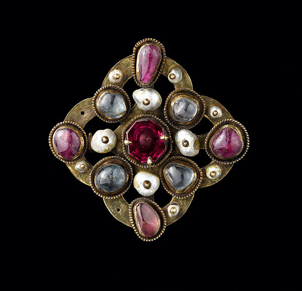 Jeweled Brooch, from the Colmar Treasure, Gilded silver, sapphires, rubies, garnets and pearls 
