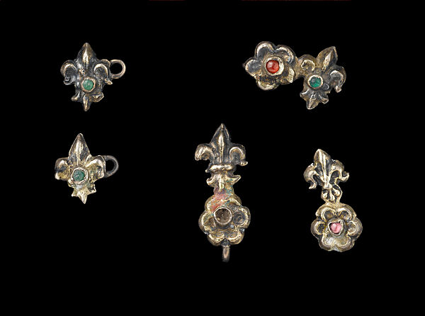 Lily and Fleuret Hook and Eyes, from the Colmar Treasure, Gilded silver and glass paste 