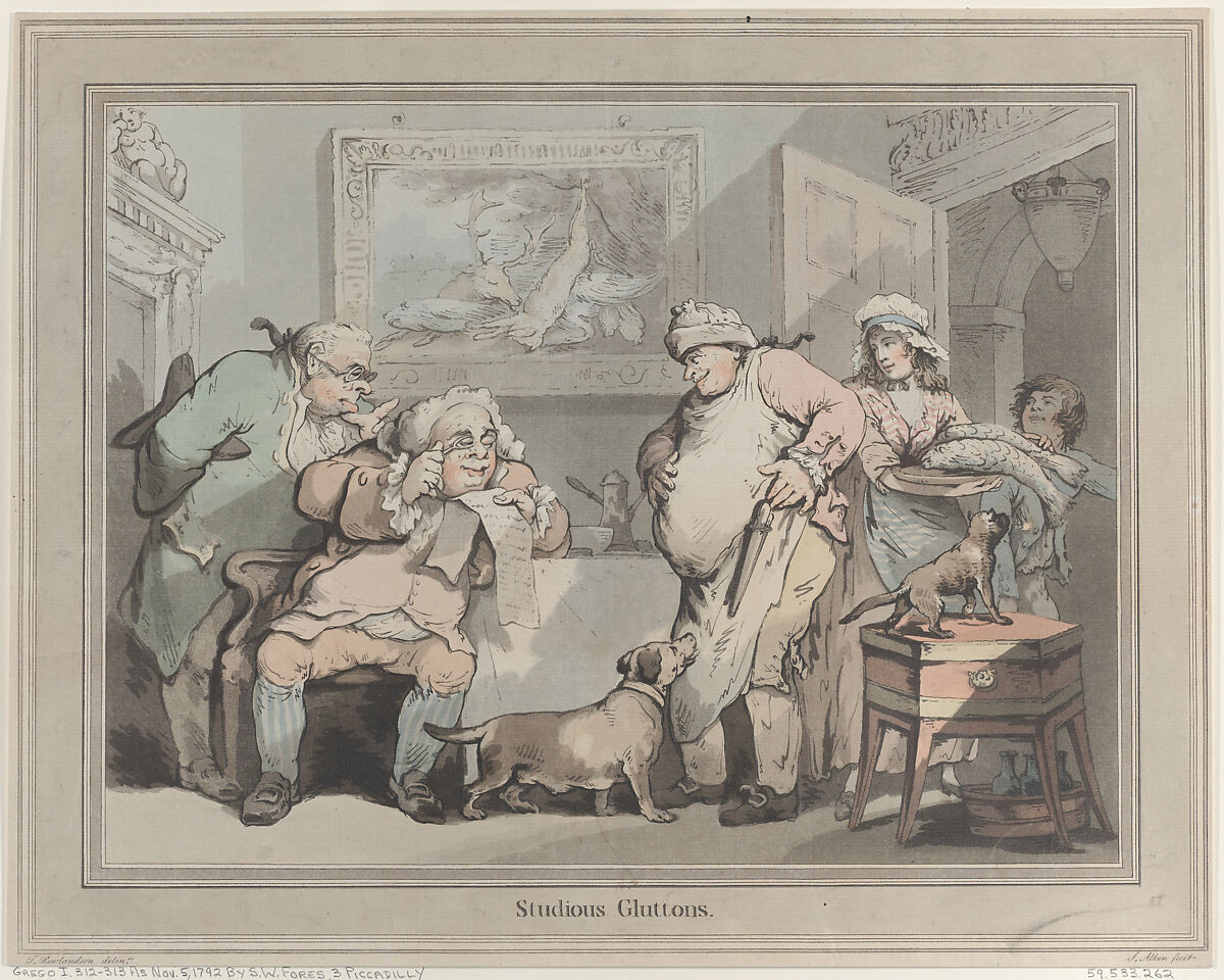 Studious Gluttons, Samuel Alken (British, London 1756–1815 London), Hand-colored etching and aquatint 