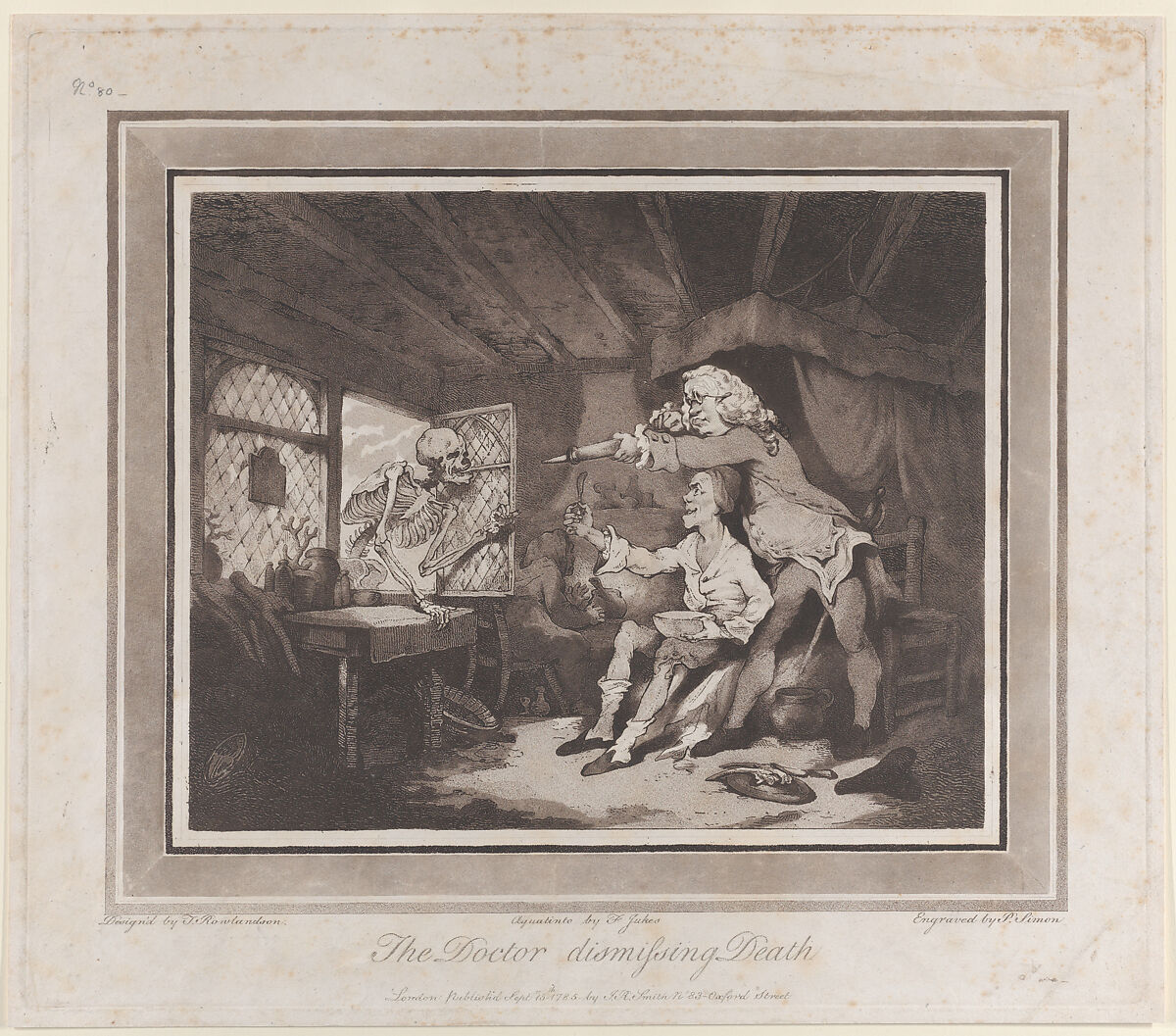 The Doctor Dismissing Death, Etched by Peter Simon (British, London ca. 1764–1813 Paris), Etching and aquatint, printed in brown ink 