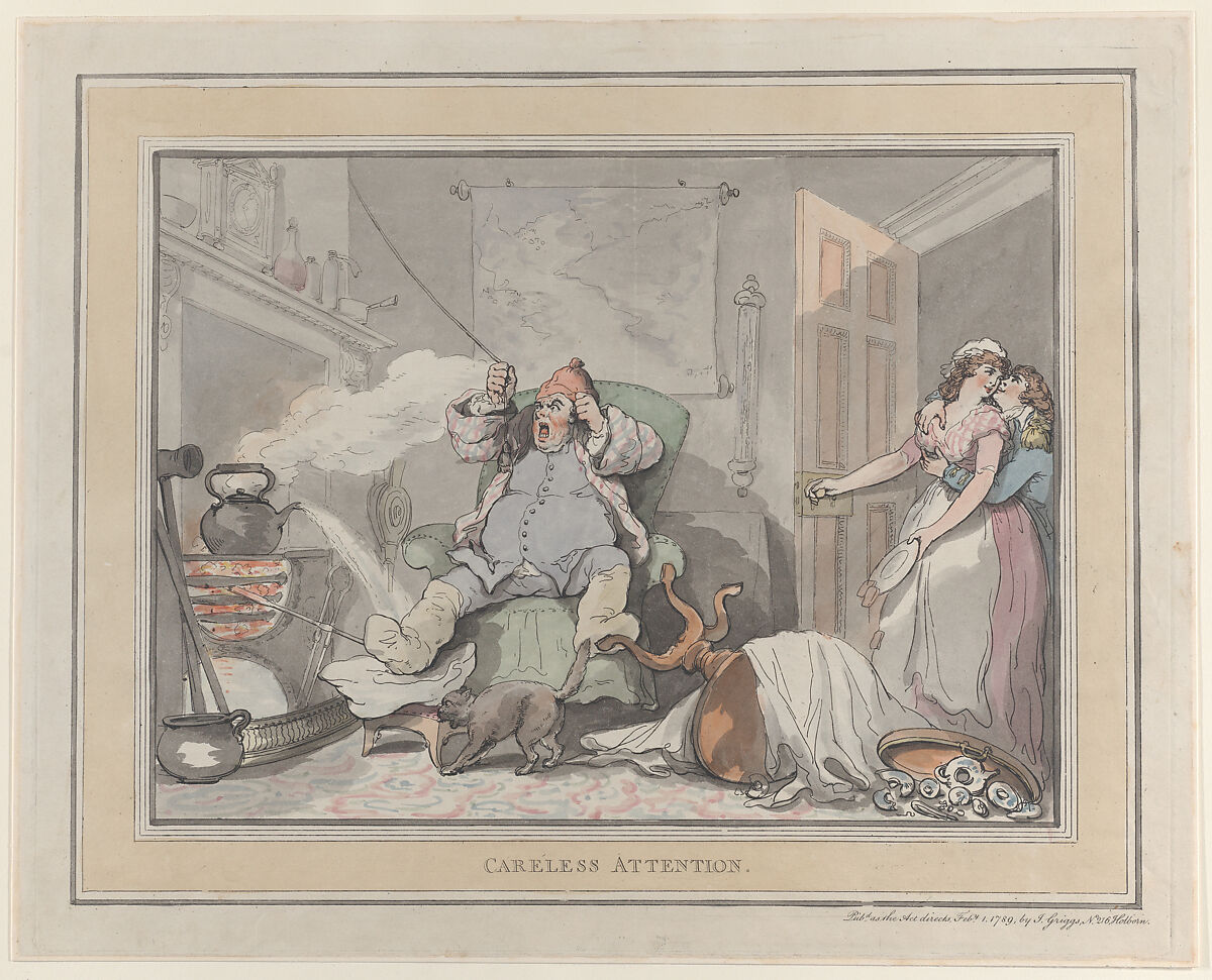 Careless Attention, Thomas Rowlandson (British, London 1757–1827 London), Hand-colored etching 