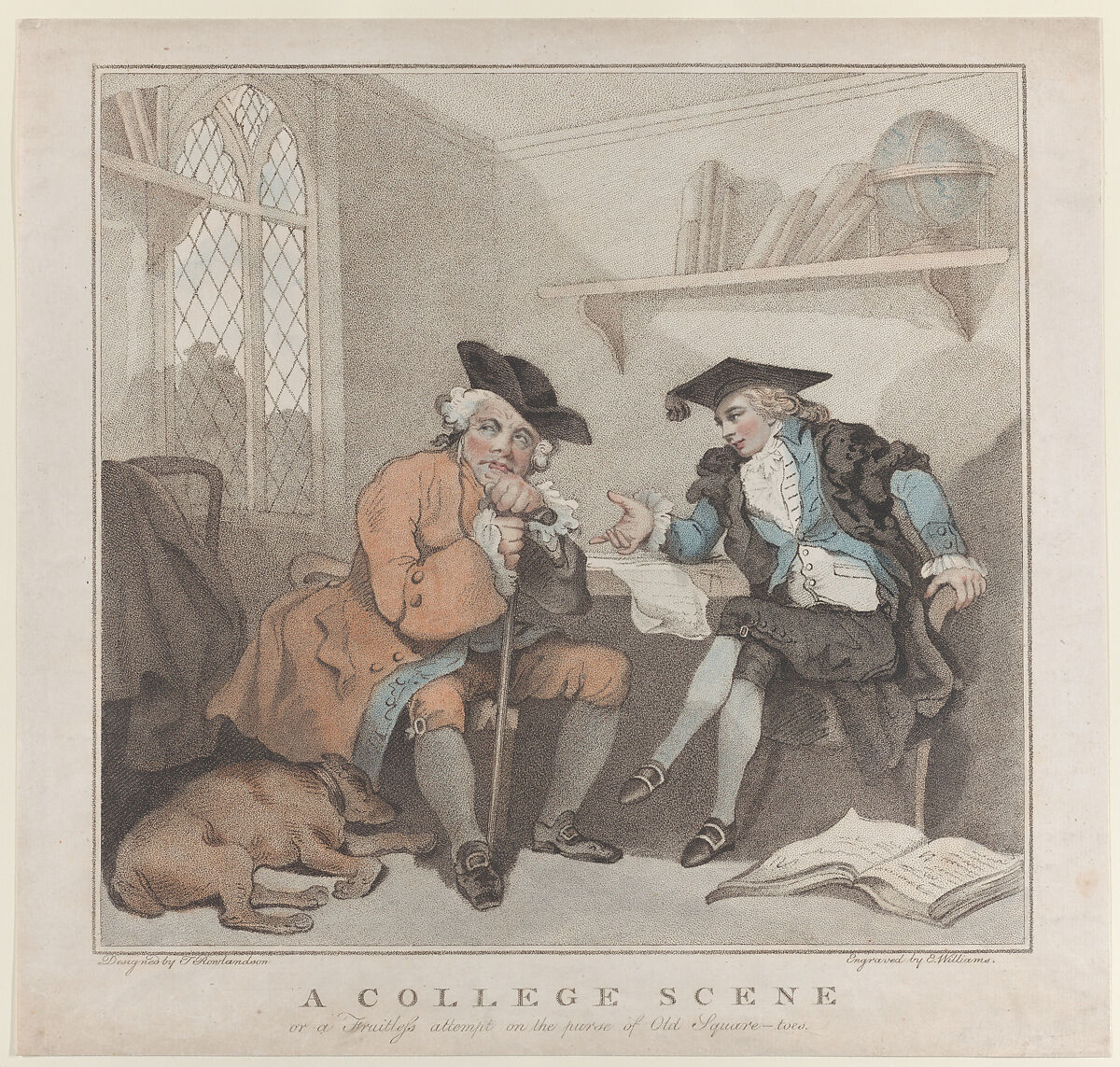 A College Scene, or a Fruitless Attempt on the Purse of Old Square-toes, Edward Williams the Elder (British, active London, ca. 1786), Hand-colored etching with stipple and softground 