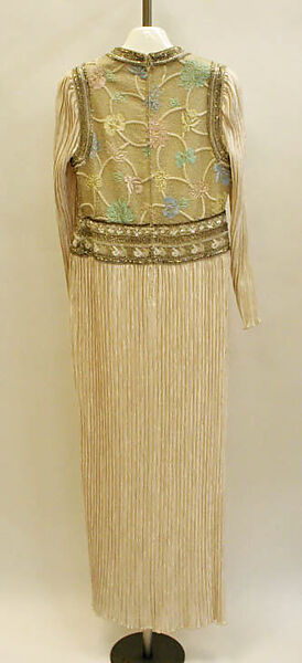 Evening dress, Mary McFadden (American, born New York 1938–2024 Southampton, New York), synthetic fiber, glass, metallic thread, American