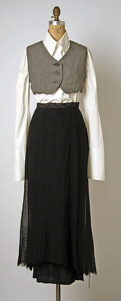 Ensemble, Ann Demeulemeester (Belgian, founded 1985), a) cotton
b) rayon
c) rayon, wool, mohair
d, e) mother-of-pearl, metal, Belgian 