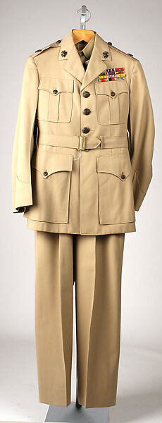 Military ensemble, a, j, k, l, m) wool
b, c) silver
d, e) metal
f, g, h, i) cotton, metal
n, o) cotton, American 