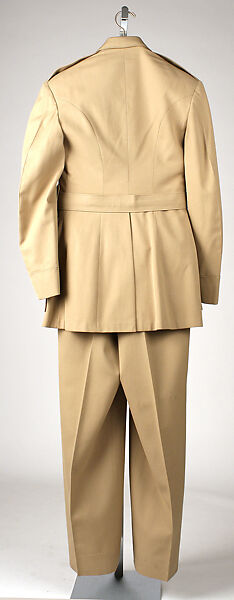 Military ensemble, a, j, k, l, m) wool
b, c) silver
d, e) metal
f, g, h, i) cotton, metal
n, o) cotton, American