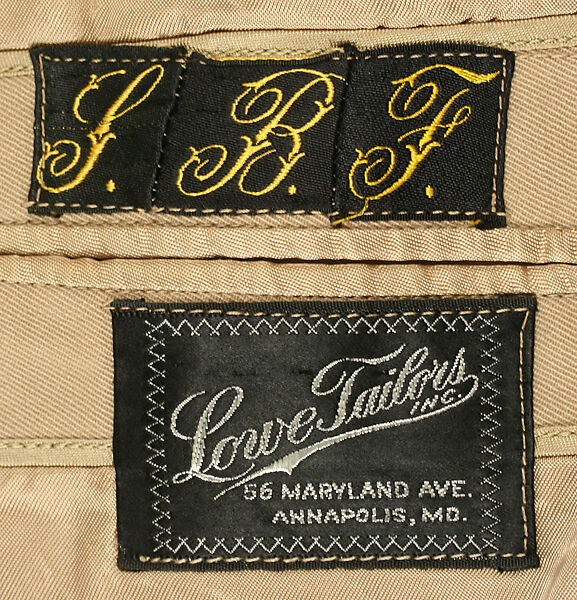 Military ensemble, a, j, k, l, m) wool
b, c) silver
d, e) metal
f, g, h, i) cotton, metal
n, o) cotton, American