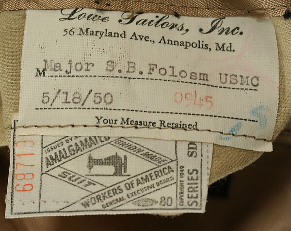 Military ensemble, a, j, k, l, m) wool
b, c) silver
d, e) metal
f, g, h, i) cotton, metal
n, o) cotton, American