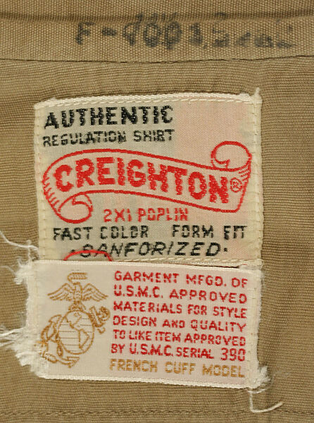 Military ensemble, a, j, k, l, m) wool
b, c) silver
d, e) metal
f, g, h, i) cotton, metal
n, o) cotton, American