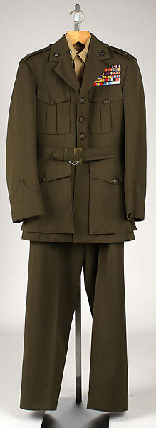 Military uniform, a, f, g, i, l, m) wool
b, c) silver
d, e, j, k, o, p, r, s) metal 
h, n, q) cotton, American 