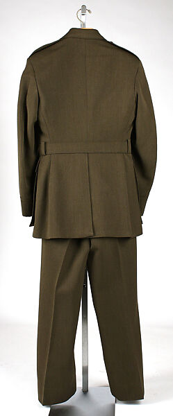Military uniform, a, f, g, i, l, m) wool
b, c) silver
d, e, j, k, o, p, r, s) metal 
h, n, q) cotton, American