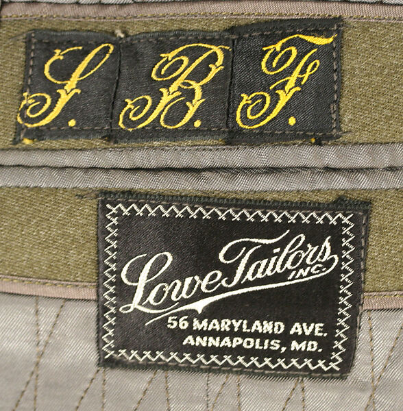 Military uniform, a, f, g, i, l, m) wool
b, c) silver
d, e, j, k, o, p, r, s) metal 
h, n, q) cotton, American