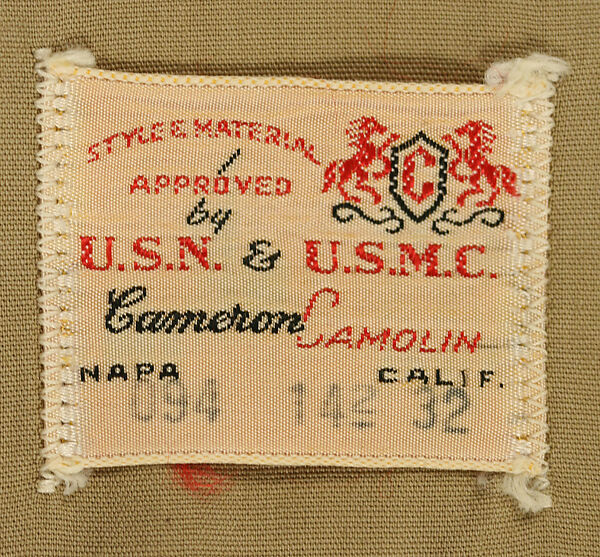 Military uniform, a, f, g, i, l, m) wool
b, c) silver
d, e, j, k, o, p, r, s) metal 
h, n, q) cotton, American