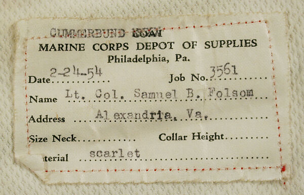 Military uniform, a, c, f) wool
b, h) cotton
d, e, i, j, k) metal
g) silk, American