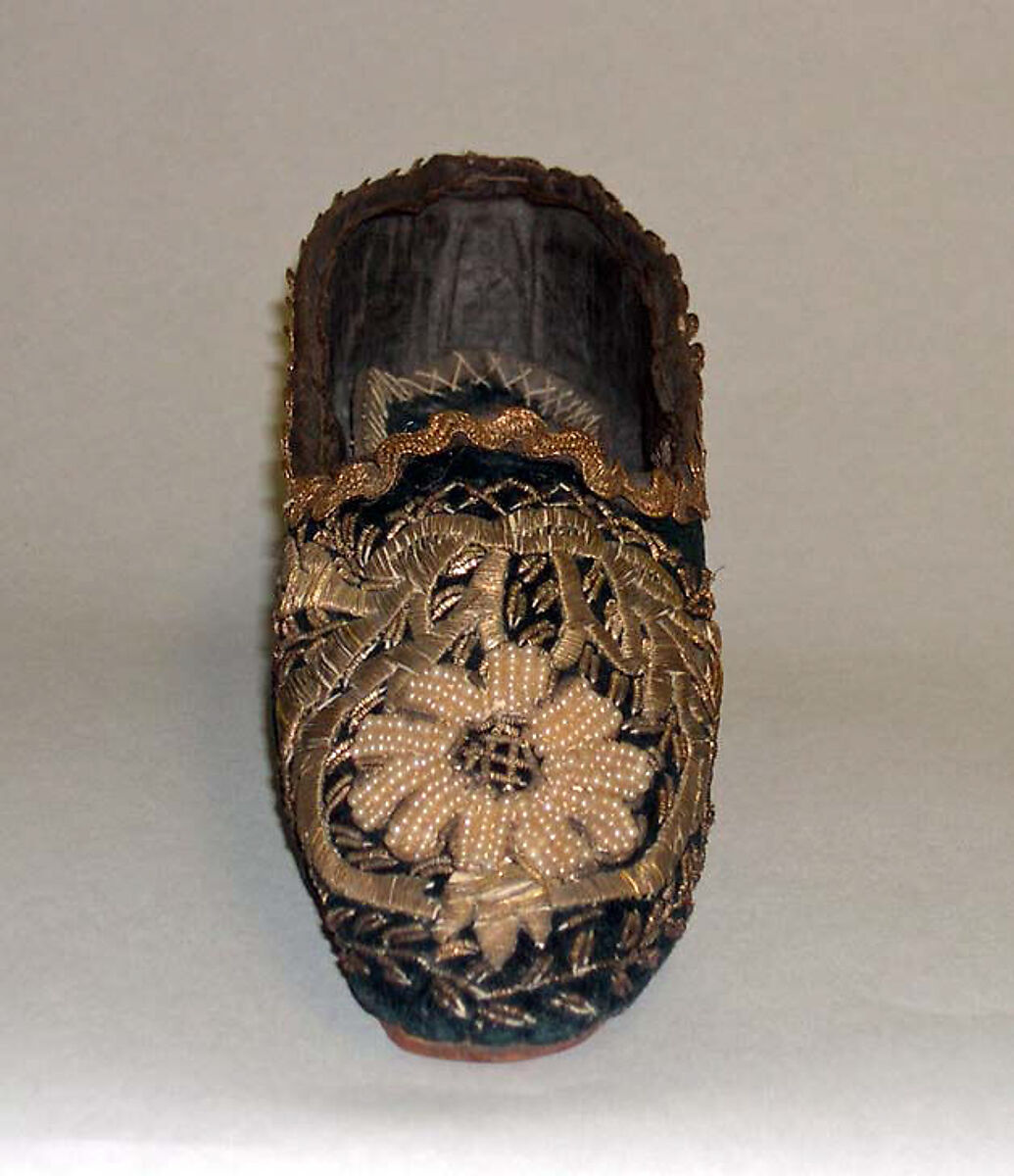 Dance slipper, silk, leather, metal, vellum, Turkish