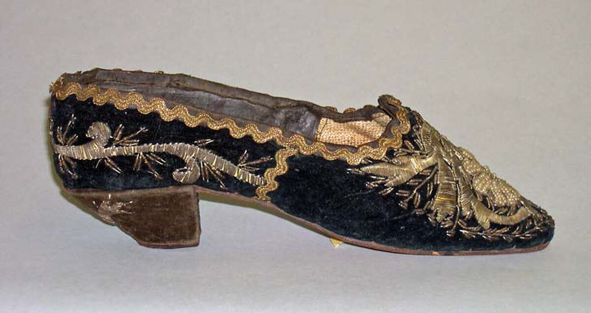 Dance slipper, silk, leather, metal, vellum, Turkish