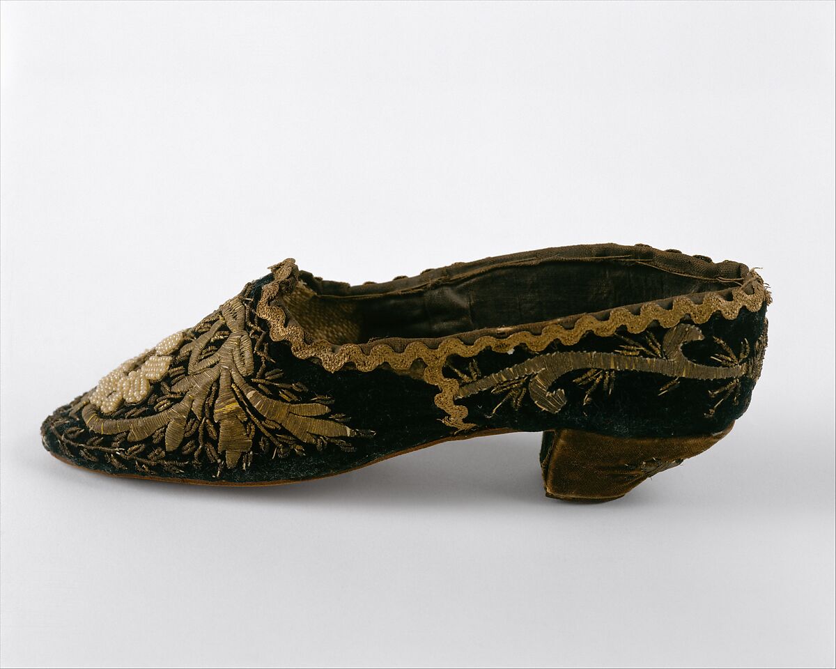 Dance slipper, silk, leather, metal, vellum, Turkish 