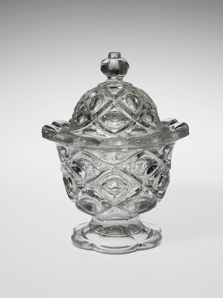 Sugar Bowl, Pressed glass, diamond thumbprint, American 