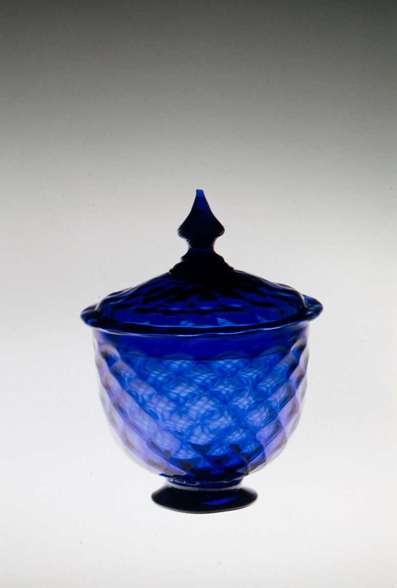 Sugar bowl, Blown pattern-molded glass, American or British 