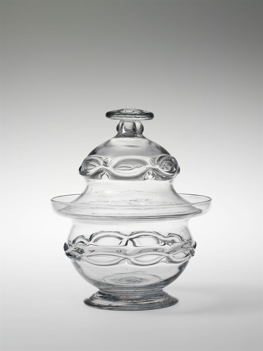 Sugar bowl, Attributed to Thomas Cains (active 1812–ca. 1820), Blown glass with applied decoration, American 