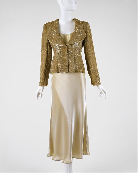 Evening ensemble, Giorgio Armani (Italian, founded 1974), synthetic fiber, silk, plastic, Italian 