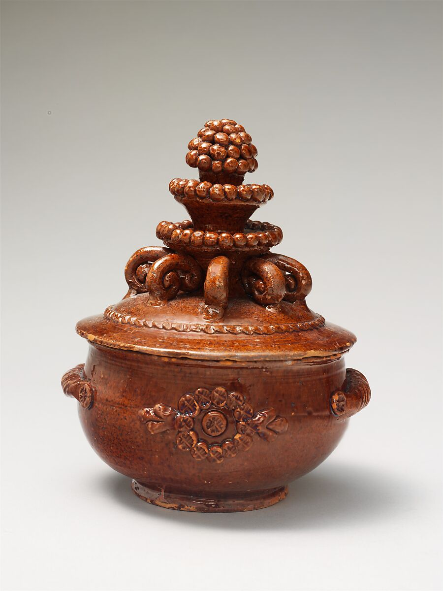 Sugar bowl, Attributed to John Nice (1785–1867), Earthenware; Redware with slip decoration, American 
