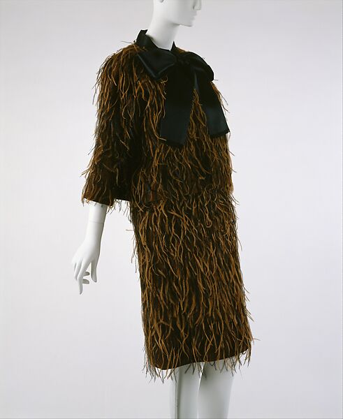 Evening ensemble, House of Balenciaga (French, founded 1937), cotton, feathers, French 