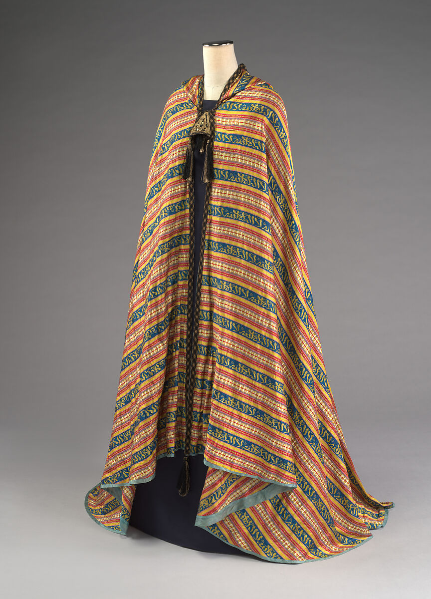 Woman's Cape, Silk, cotton, wool, metal wrapped thread, metal, and paper; satin weave; plain weave; braided; felt 