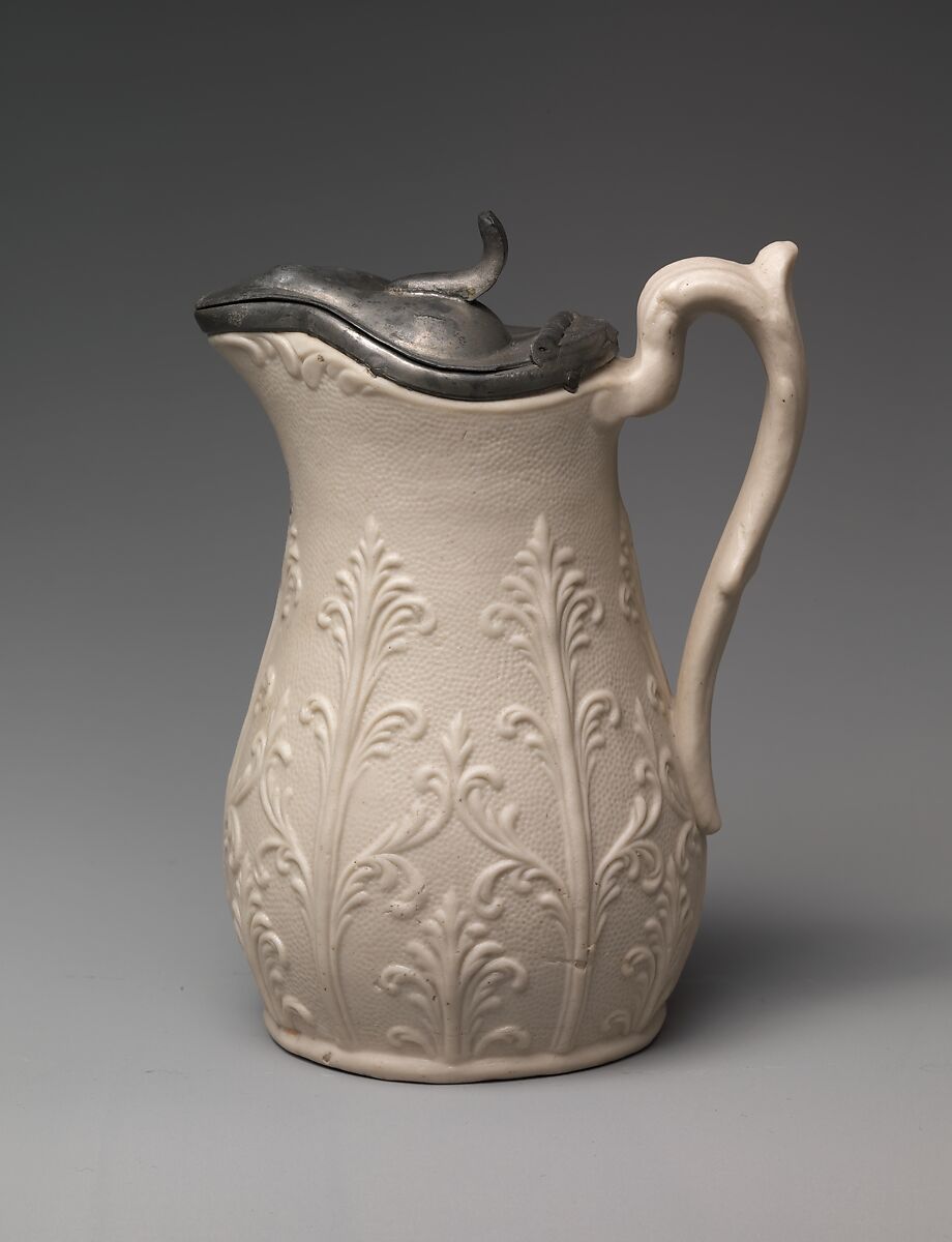 Syrup Jug, United States Pottery Company (1852–58), Parian porcelain, pewter, American 