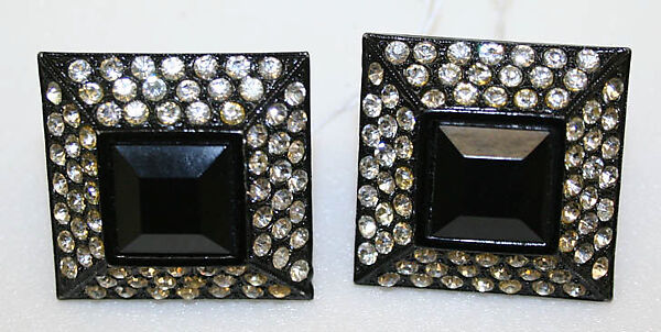 Earrings, Yves Saint Laurent (French, founded 1961), rhinestones, plastic, French 