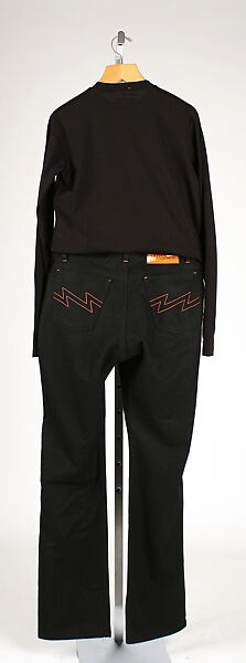 Ensemble, Walter Van Beirendonck (Belgian, born 1957), (a) Lycra; (b) wool, mixed media; (c, d, e) plastic, French