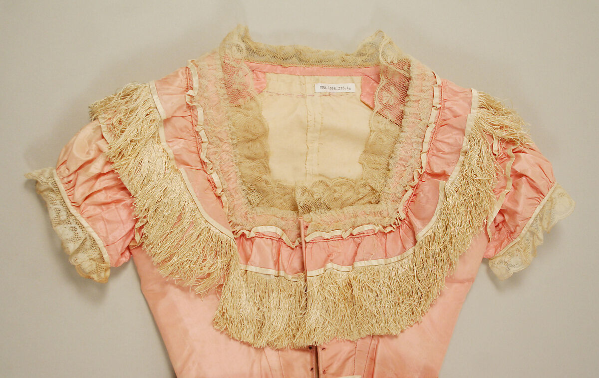 Evening ensemble, (a, b) silk, cotton; (c, d) silk; (e,f) silk, leather, glass, American