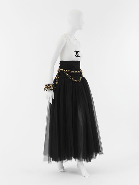 Evening ensemble, House of Chanel (French, founded 1910), silk, cotton, leather, wood, metal, French