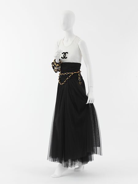 Evening ensemble, House of Chanel (French, founded 1910), silk, cotton, leather, wood, metal, French 