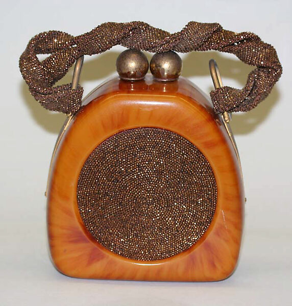 Evening purse, plastic (polymethyl methacrylate), metal, American