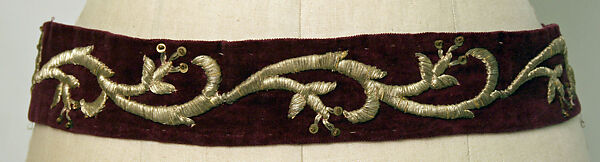 Belt, Cotton, metal wrapped thread, metal; embroidered