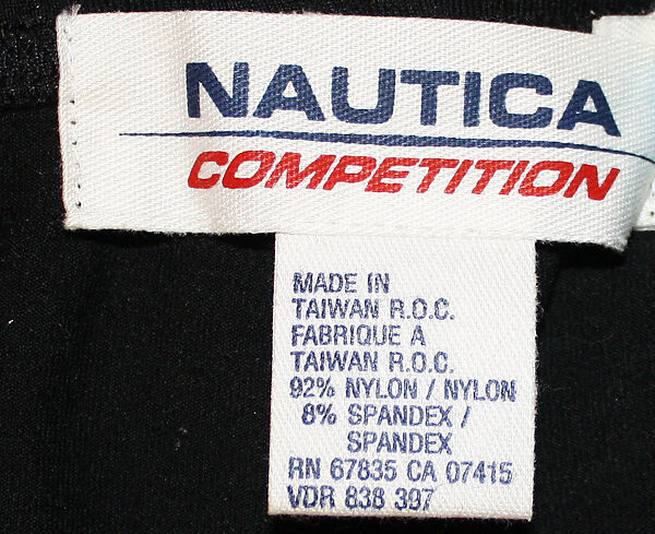 Athletic ensemble, Nautica, (a) nylon; (b) synthetic fiber; (c) nylon, spandex; (d) synthetic fiber; (e) plastic, metal; (f) elastic, metal, (g, h) leather, metal, synthetic fiber, plastic (foam), rubber, American